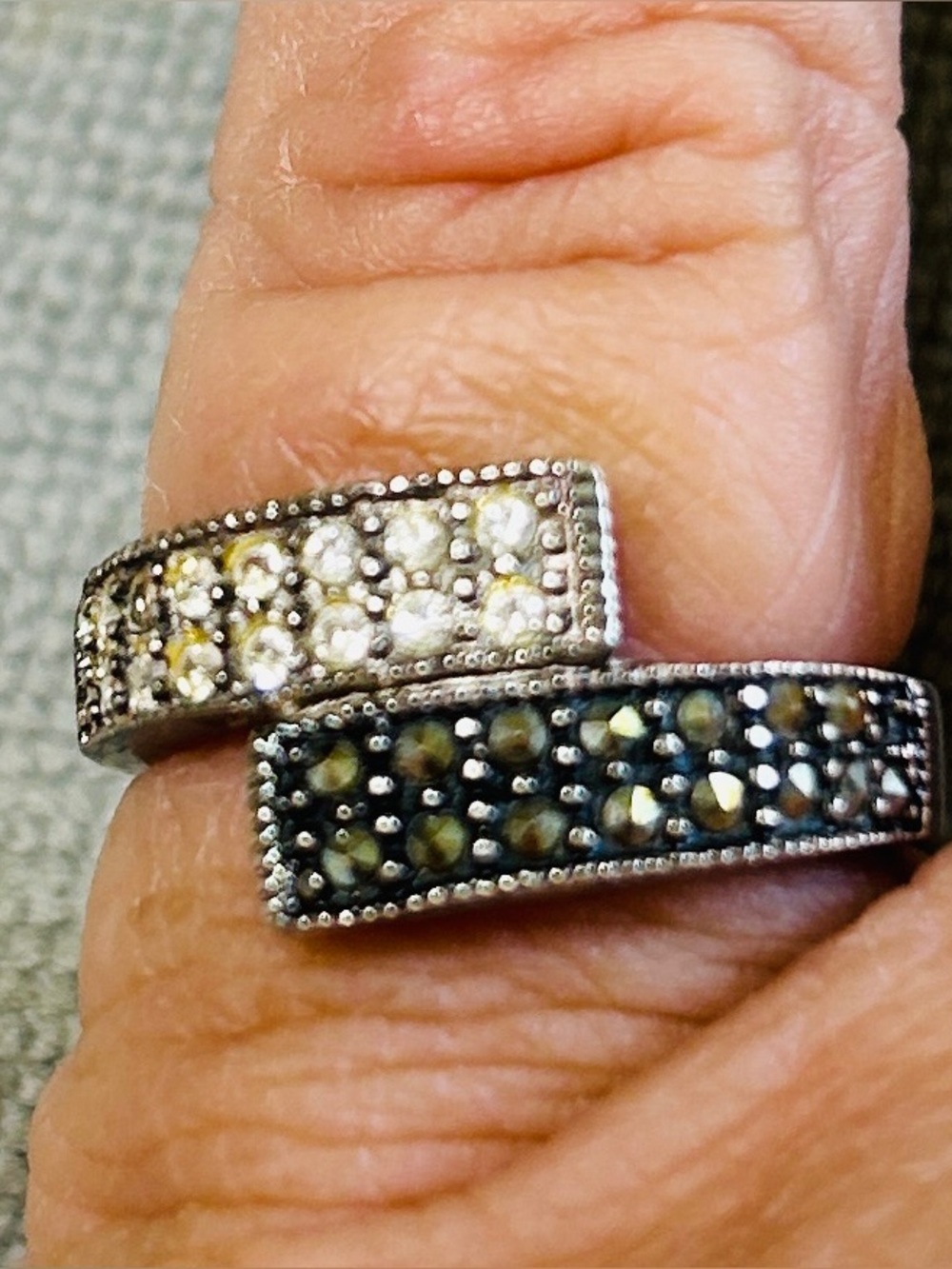 Ring, 925 sterling silver vintage art deco marcasite bypass ring.